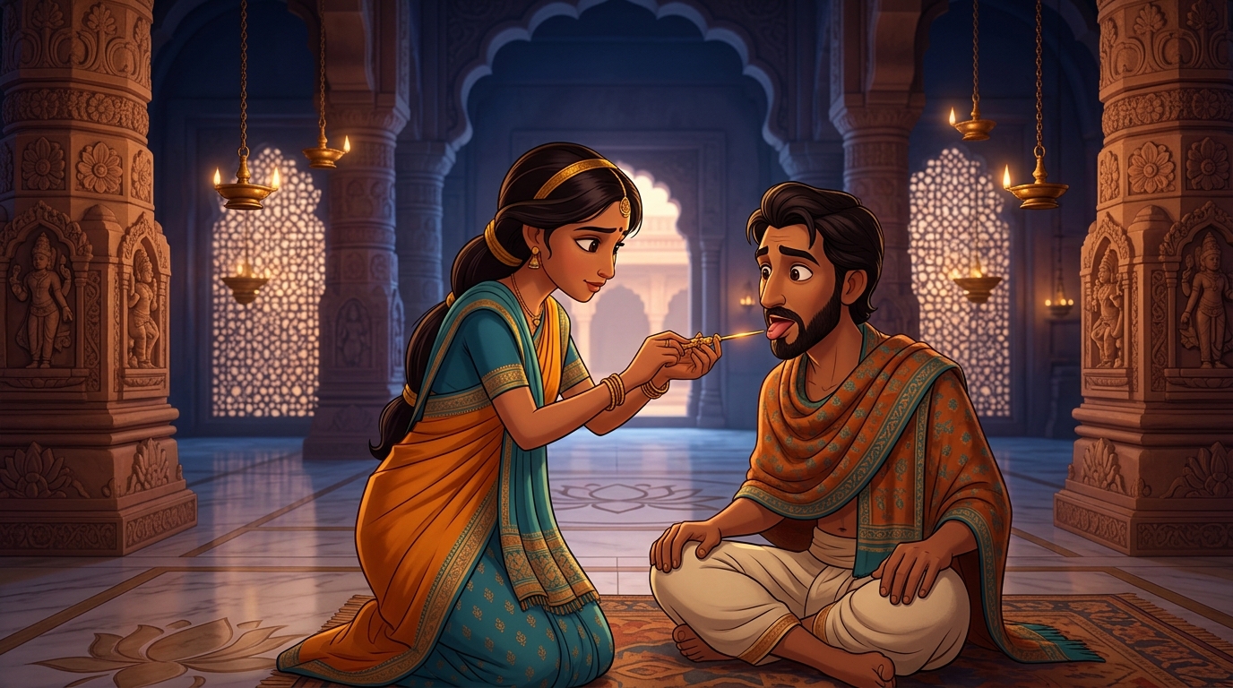 She gently cauterizes the tip of his tongue with a heated herbal gold needle