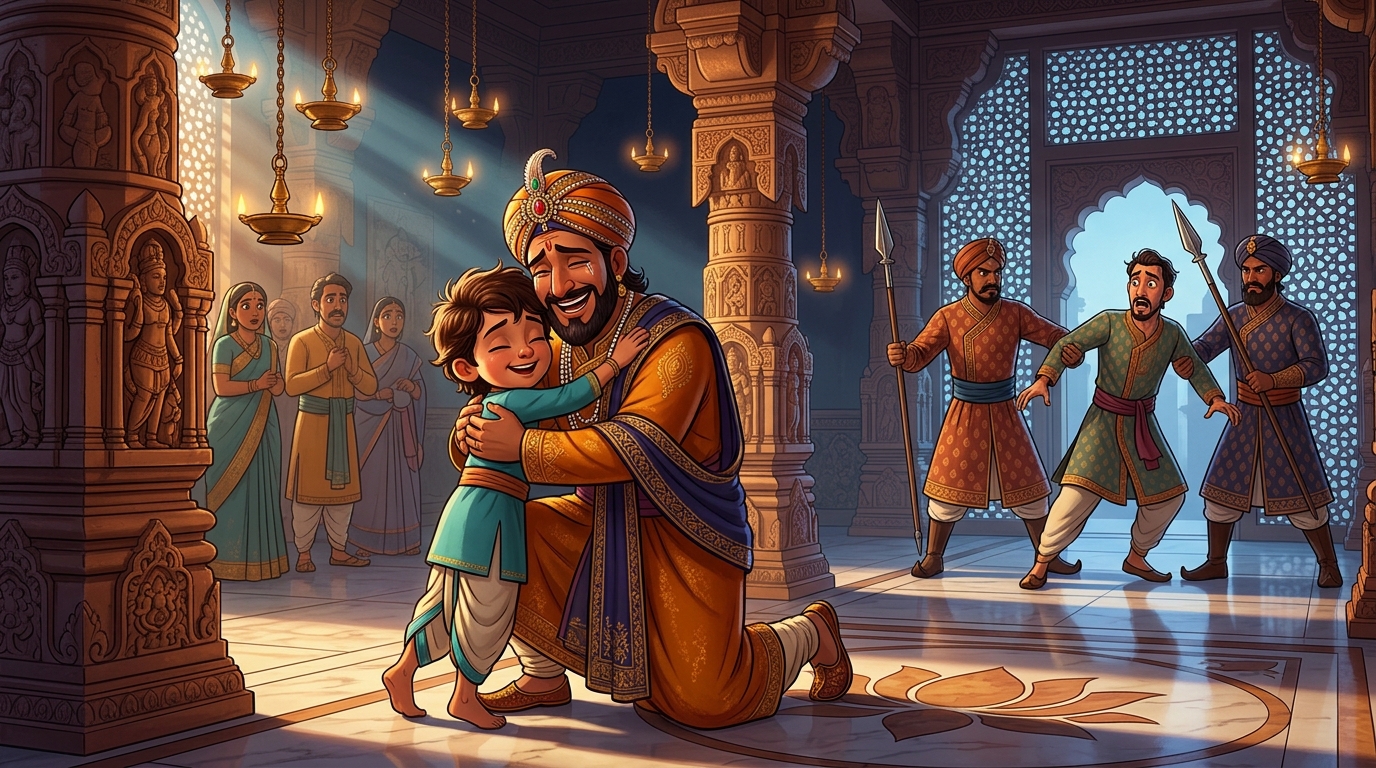 Overjoyed King embraces his son, while royal guards seize the treacherous foreign wine-bearer