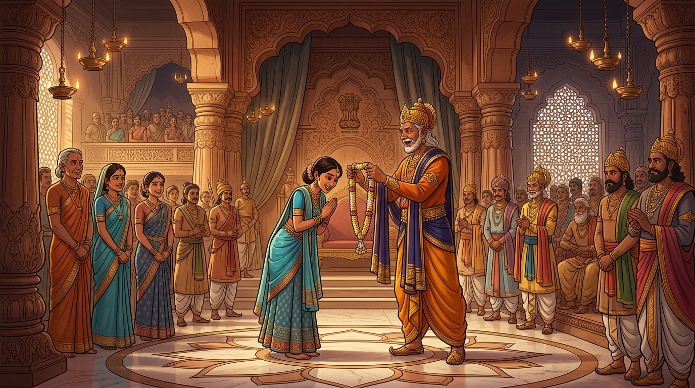 King Virasena awards Charumati a golden garland, proclaiming her Royal Chief Physician