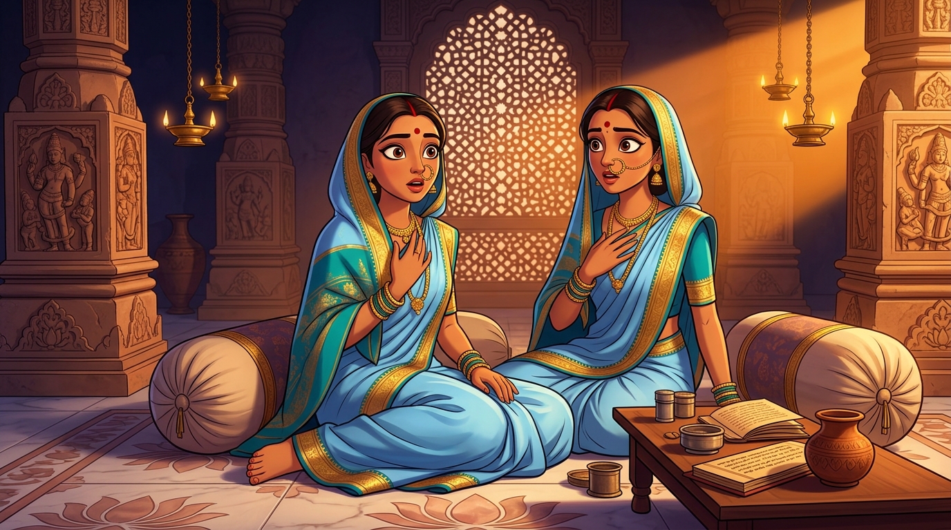 Prabhavati sitting on the bolsters, wide-eyed with realization at the true diagnosis