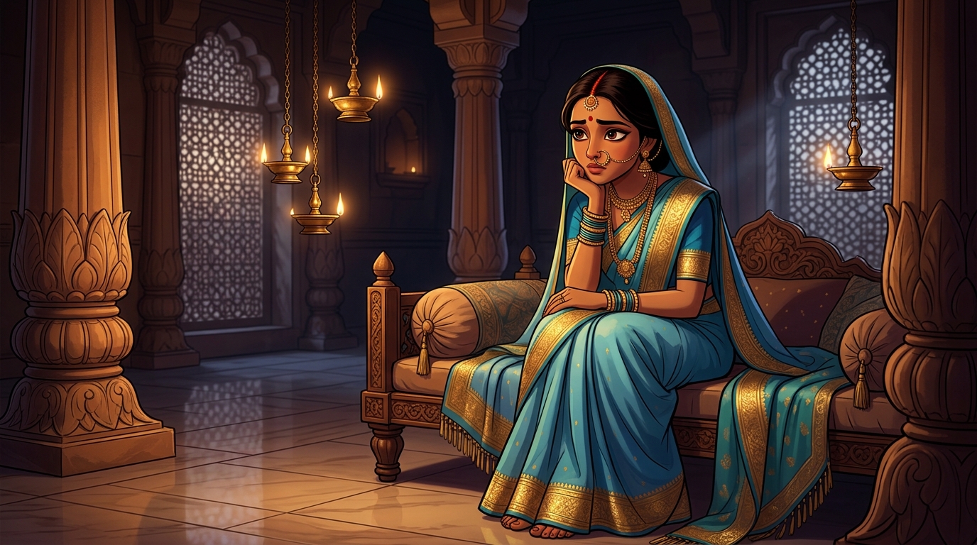 Prabhavati in deep contemplation, realizing flattering promises are sweet wine hiding fatal poison