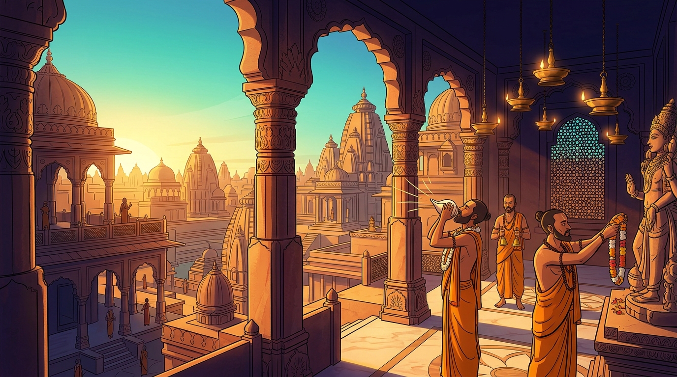 Golden dawn sunlight flooding across the Chandravati skyline as temple conches sound