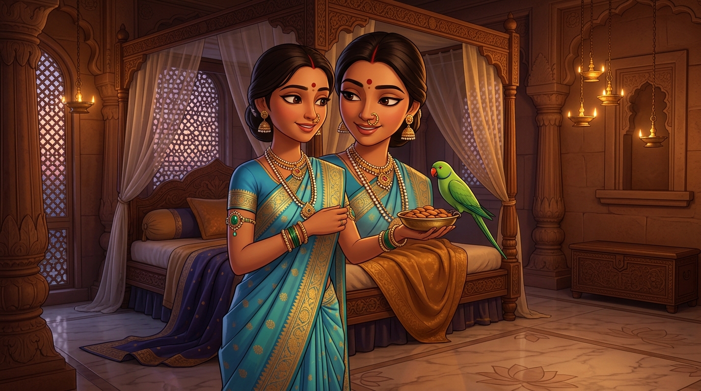 Prabhavati unclasps the emerald armlet, gives Shuka sweet almonds, retreats peacefully