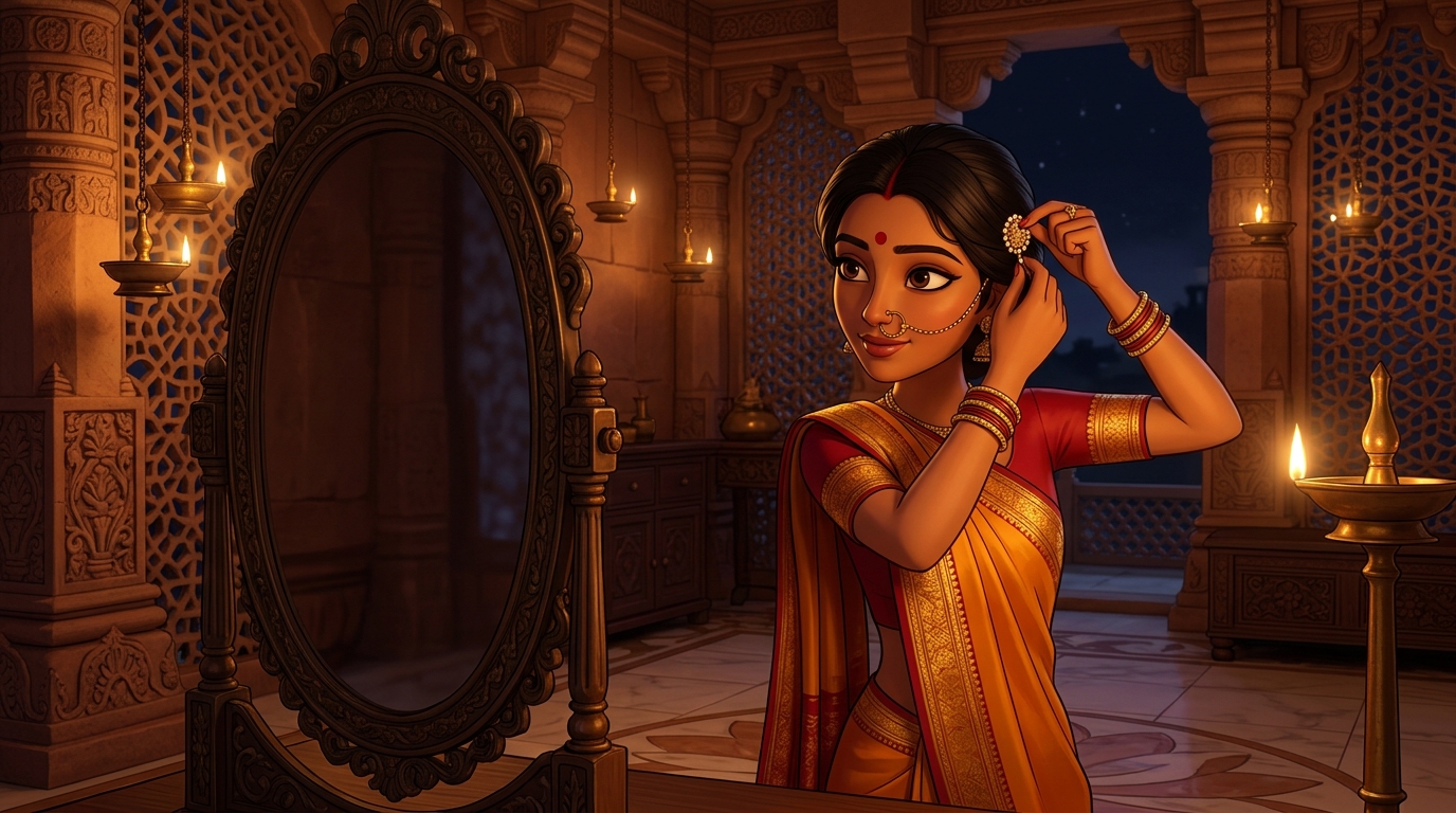 Prabhavati in saffron and gold silk pinning the pearl brooch into her hair by candlelight