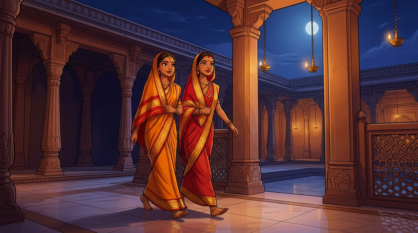 Prabhavati walking toward the courtyard gate with swift, confident steps under the moonlit sky