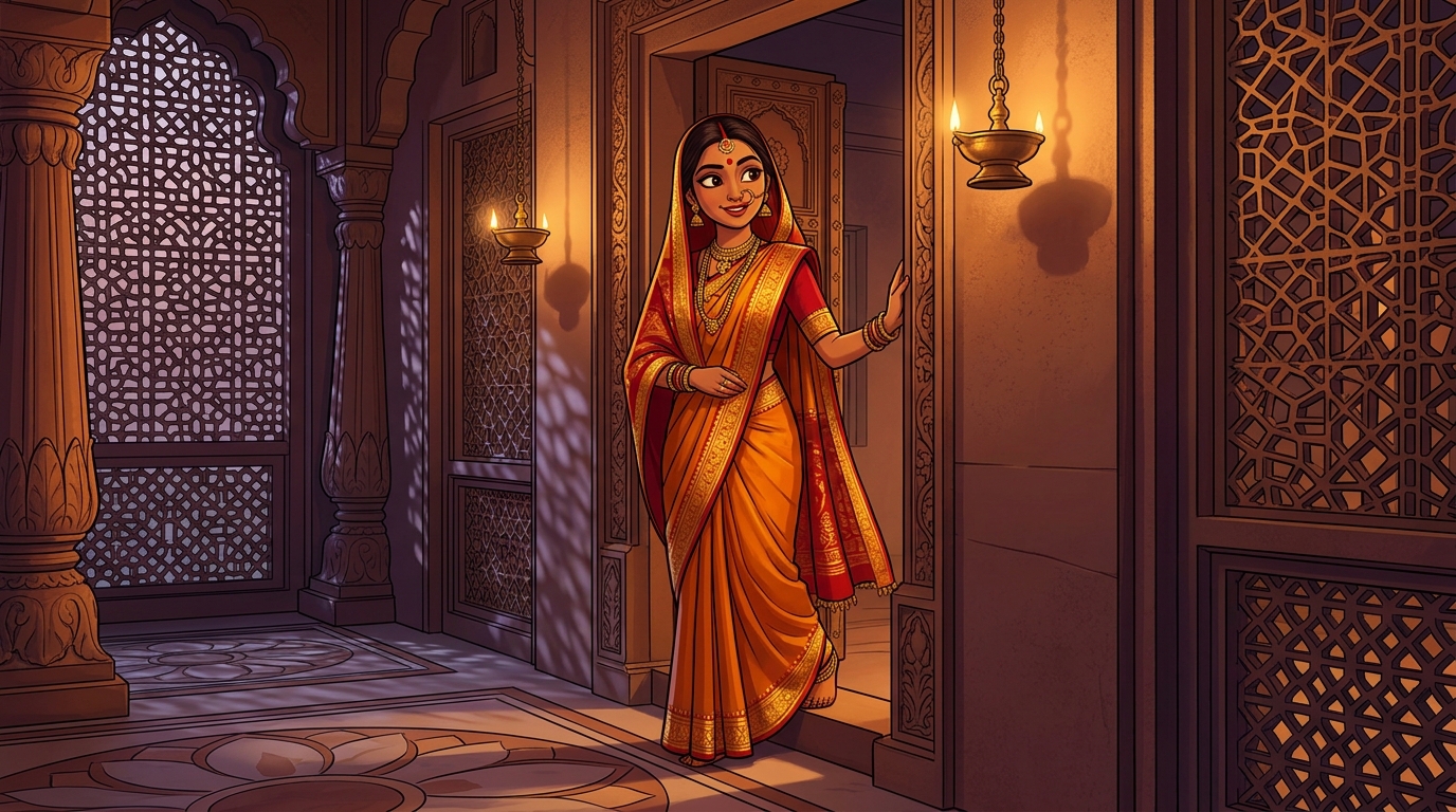 Prabhavati pausing on the doorstep with an amused smile