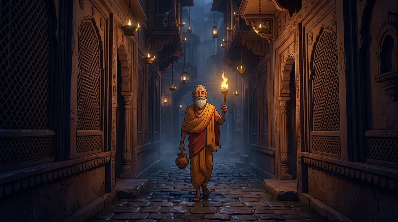 In the narrow dark alleys of Varanasi, Blind Sage Bodhisena walking with water pot and blazing torch