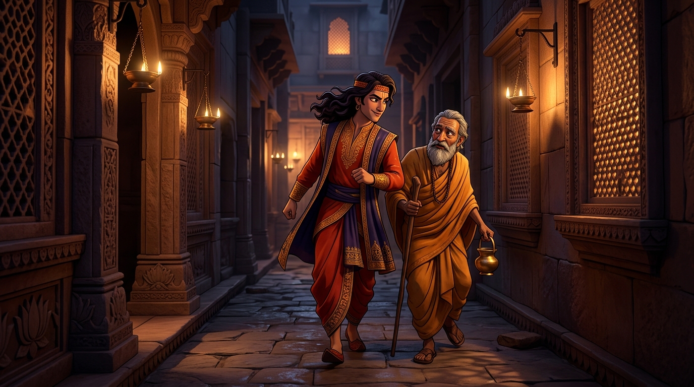 An arrogant reckless youth named Darpaka bumping into the sage in the dark alley