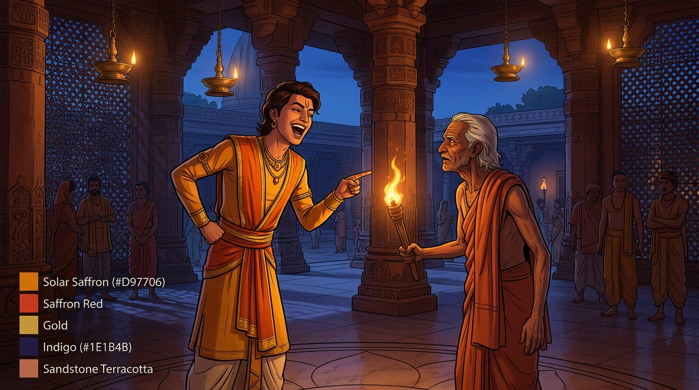 The youth bursts into mocking laughter at the blind sage carrying fire