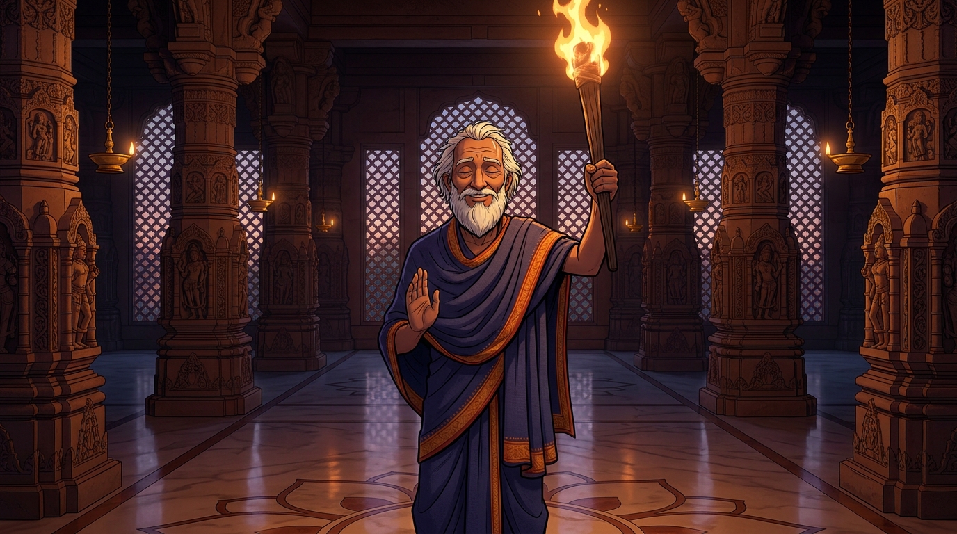 Blind Sage Bodhisena stands with serene compassionate smile, holding the burning torch high