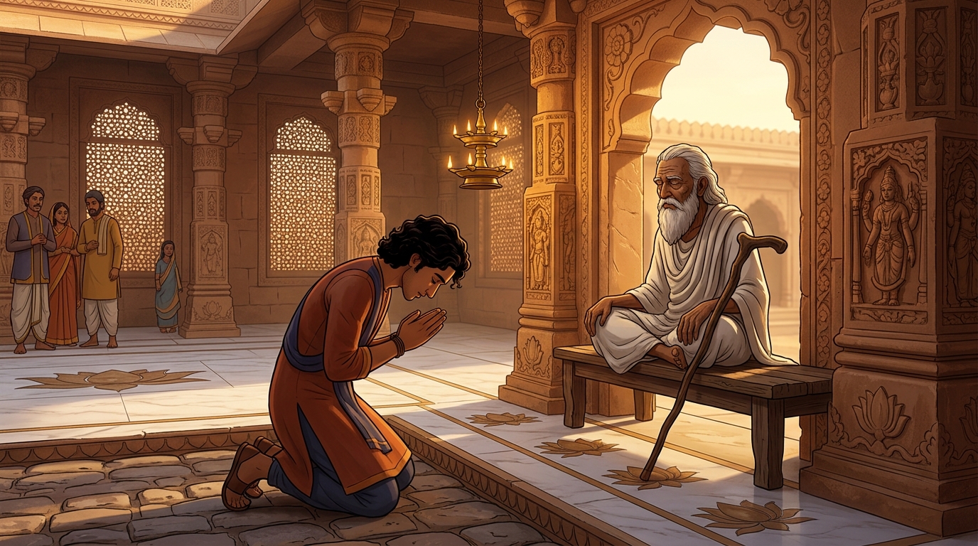 The humbled youth falls to his knees on the cobblestones, begging for forgiveness