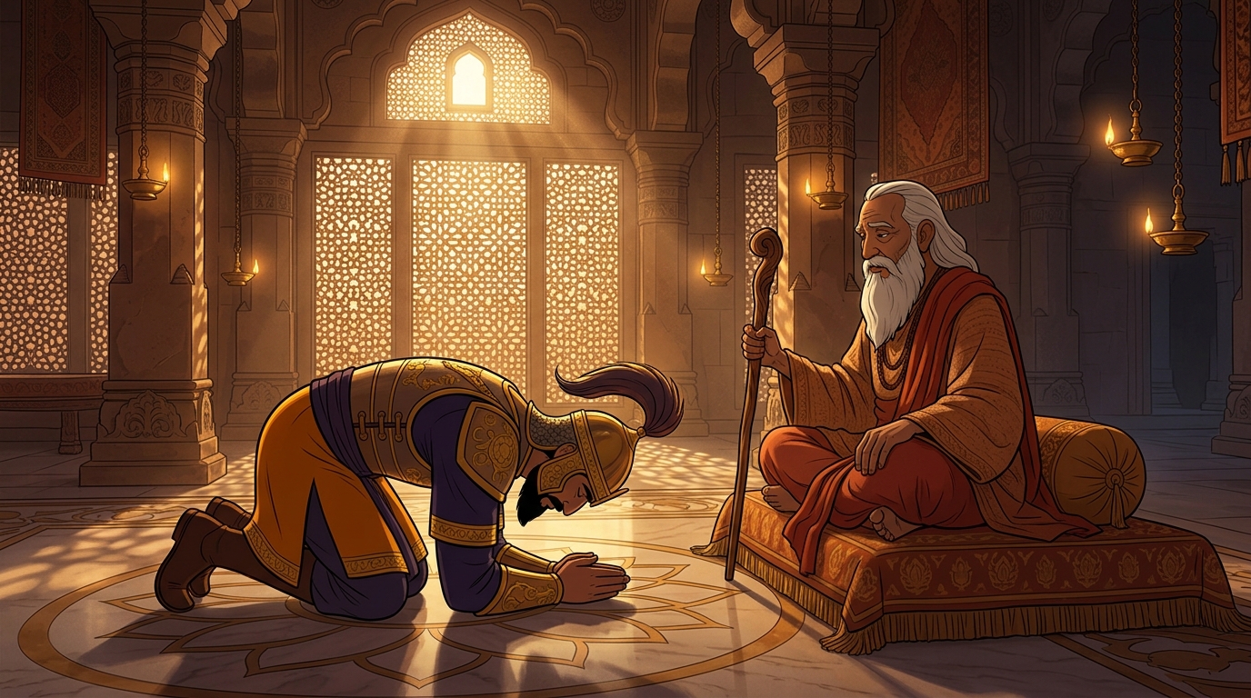 The Captain of the Royal Guard bows before the sage, proclaiming true sight belongs to dharma