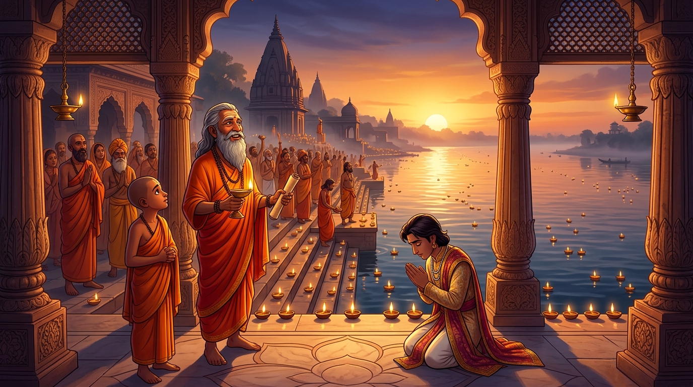 Morning light dawns over the holy Ganga river ghats in Varanasi, celebrating spiritual wisdom