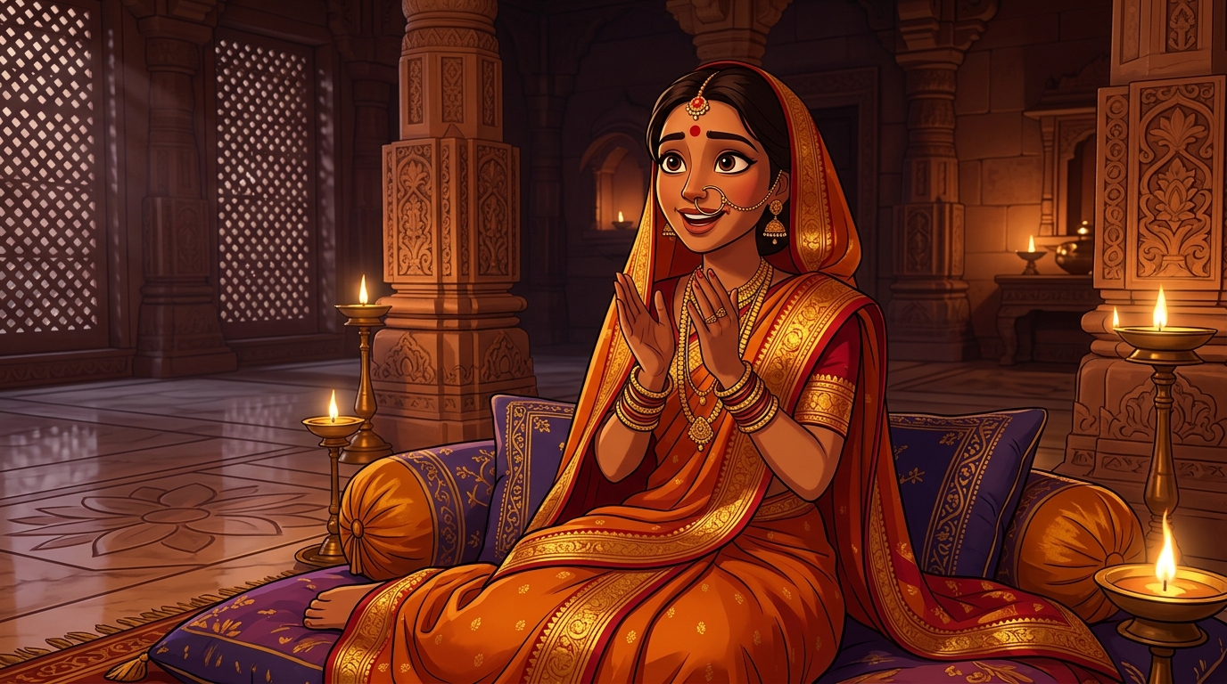Prabhavati sitting on the silk cushions, clapping in wonder at the torch parable