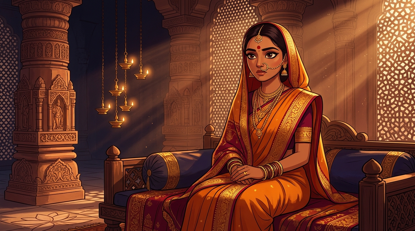 Prabhavati in deep contemplation, realizing virtue is a torch protecting her peace