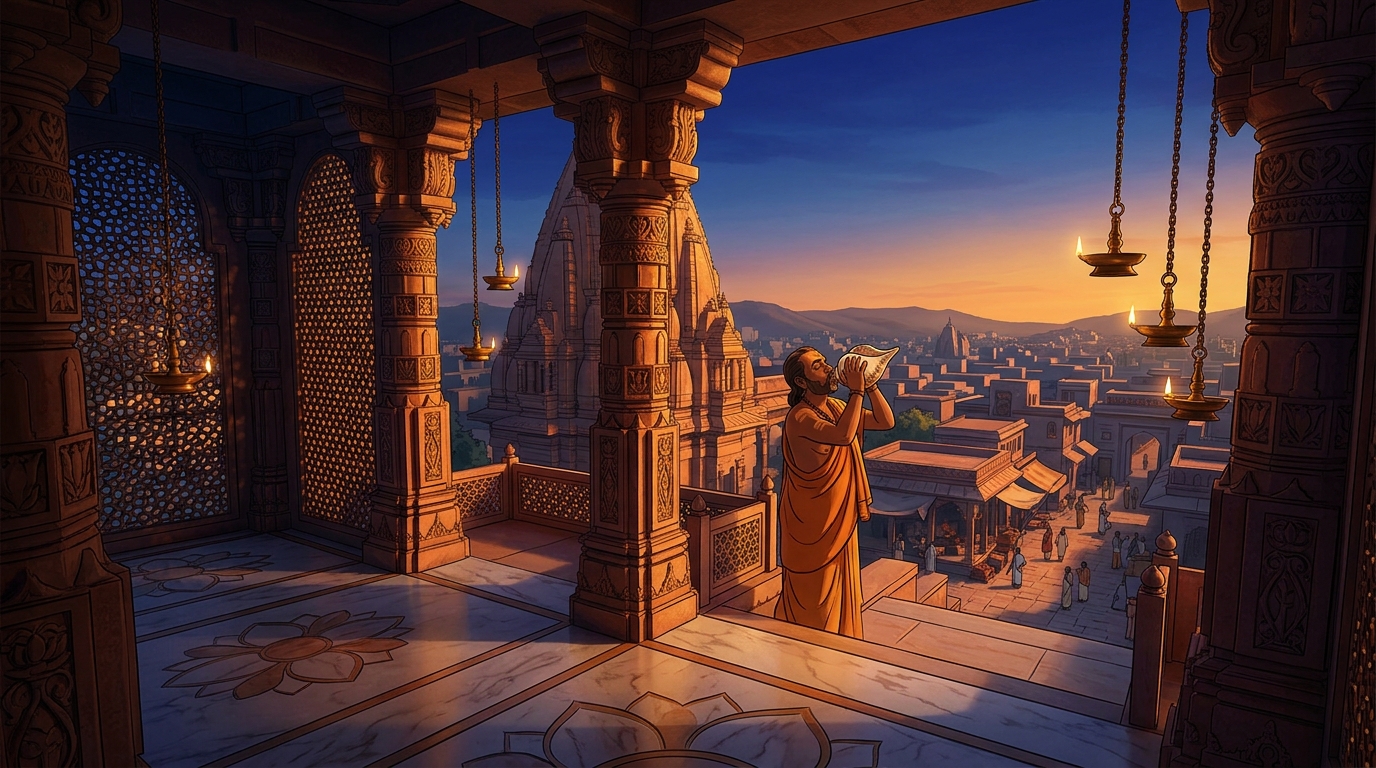 Golden dawn sunlight flooding across the sandstone arches as temple conches sound