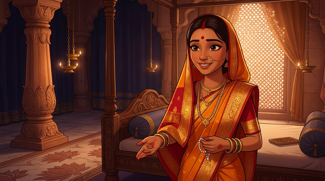 Prabhavati unclasps the pearl brooch, hands Shuka sweet almonds, retreats peacefully