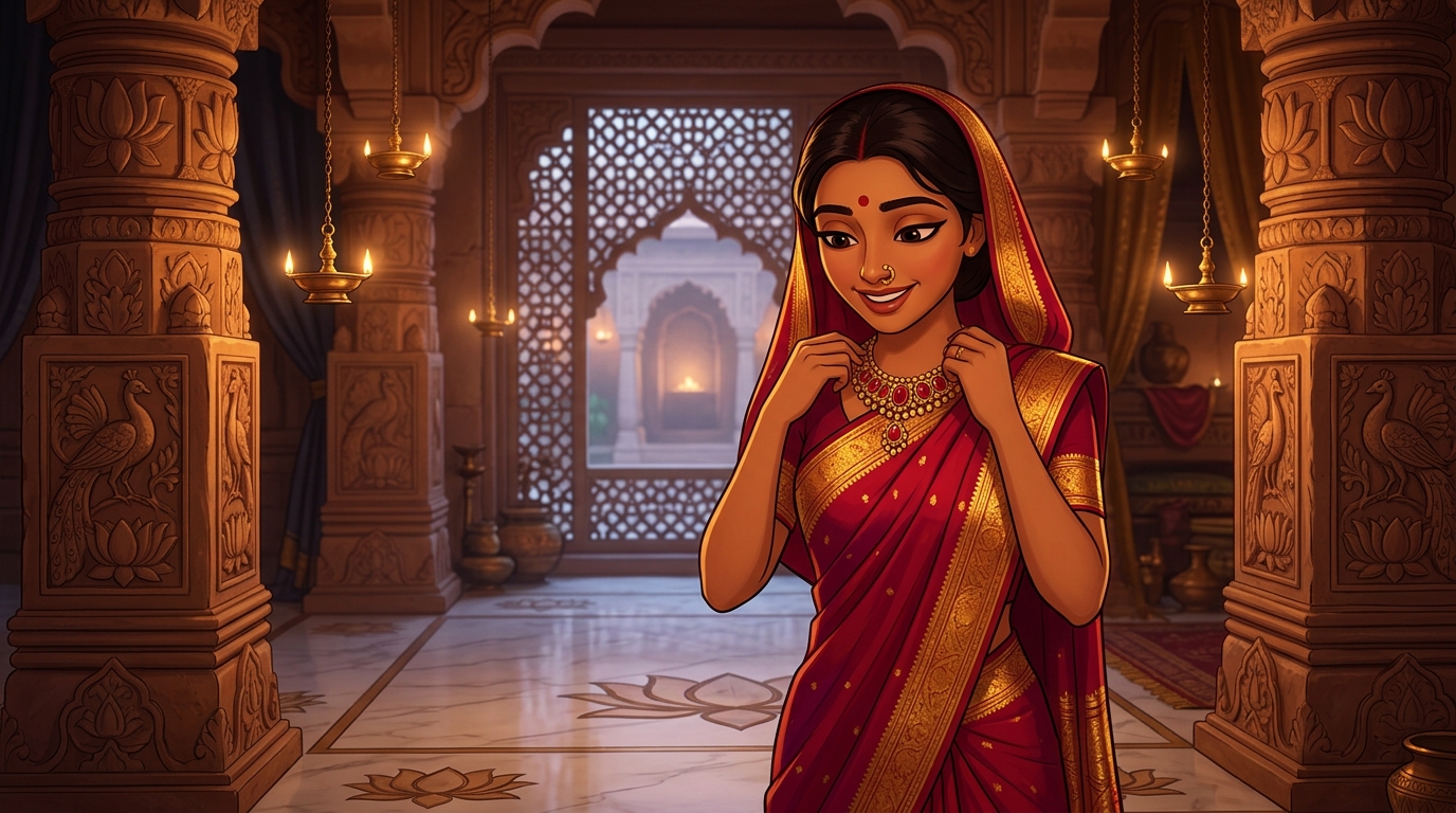 Prabhavati in crimson-and-gold silk fastening the ruby necklace by candlelight