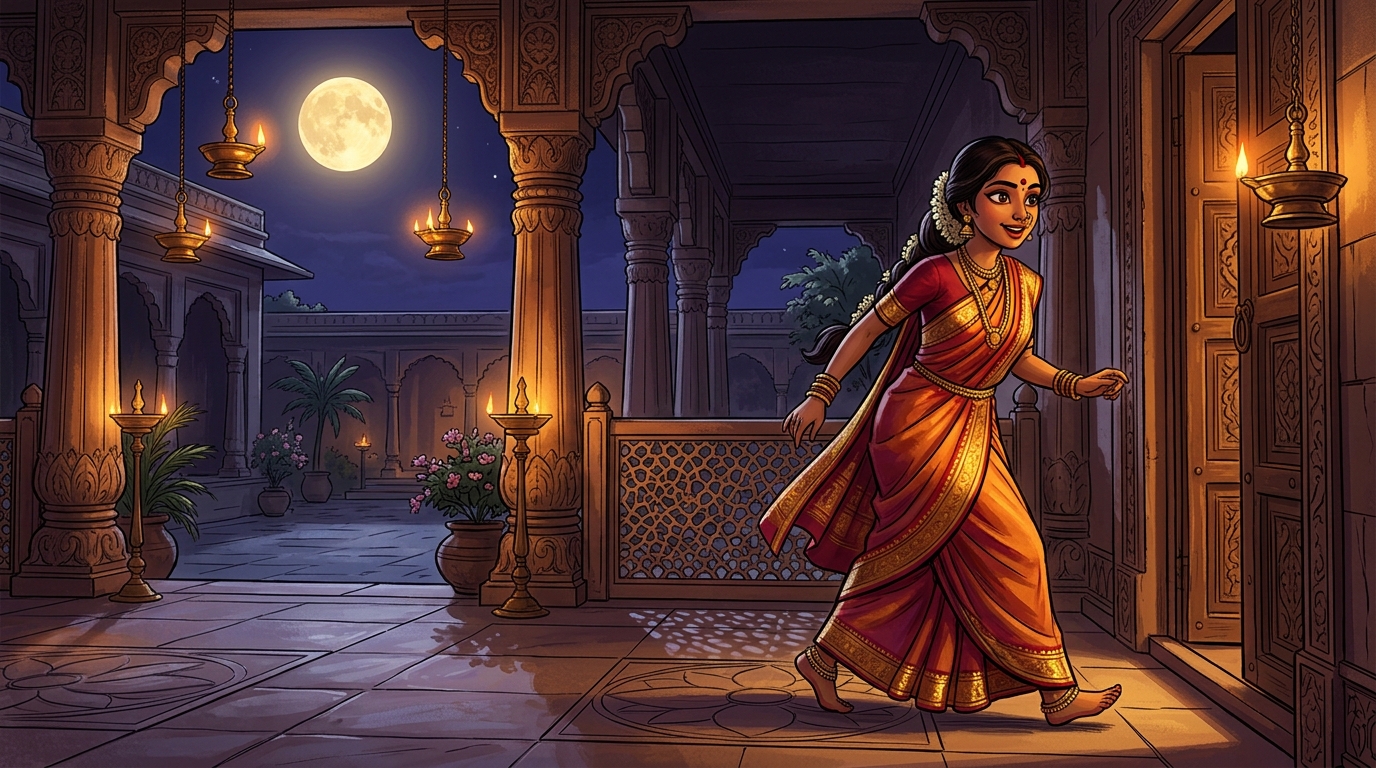 Prabhavati stepping toward the courtyard gate with swift, eager steps under the moonlit sky