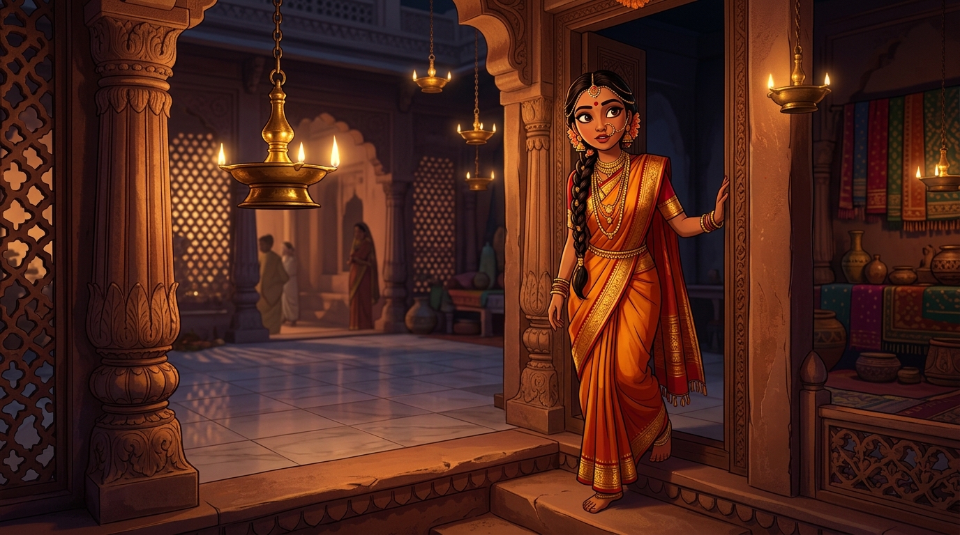 Prabhavati pausing on the doorstep with an amused smile