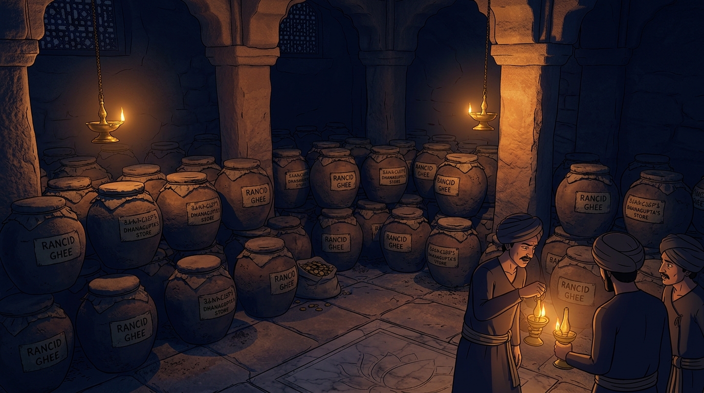 In ancient Ujjayini, the cellar of deceased miser Dhanagupta, stacked with fifty sealed jars