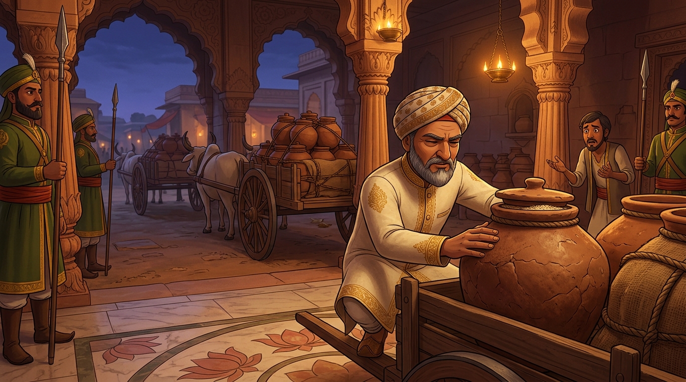 Wise Judge Somasharma arrives with royal guards, halting the carts and inspecting the jars