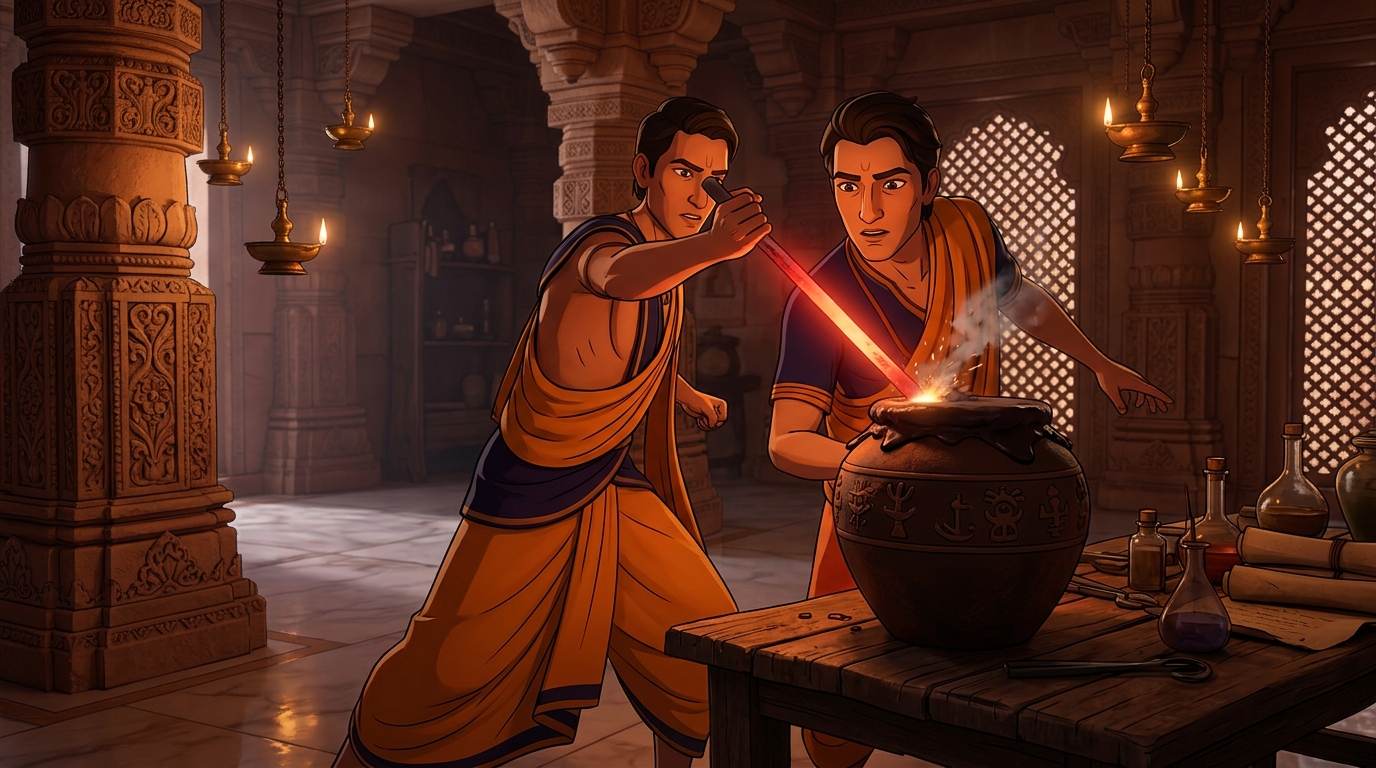Somasharma thrusts a glowing red-hot iron rod down through the wax lid into the jar