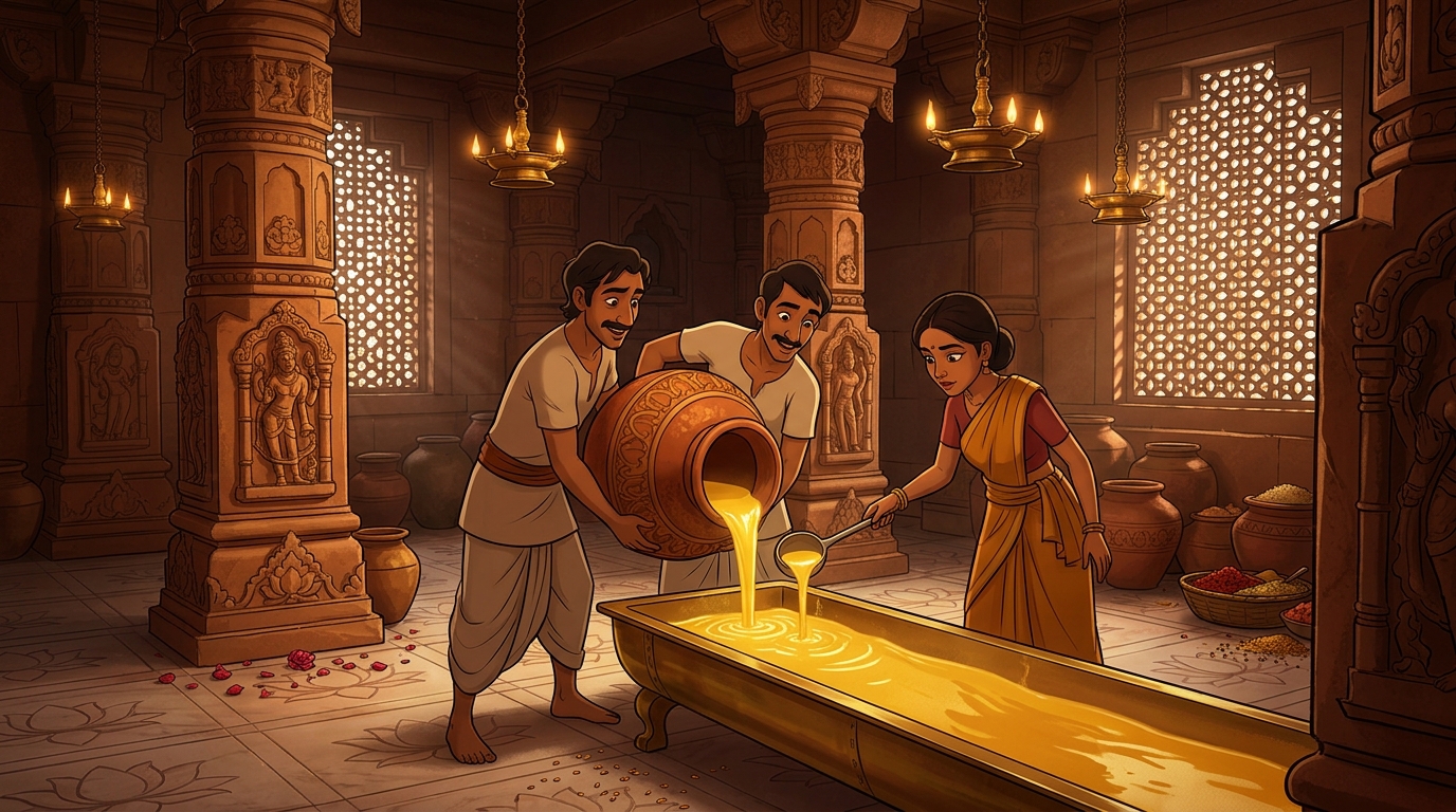 Servants tilt the warm jar, pouring the melted ghee into a brass trough
