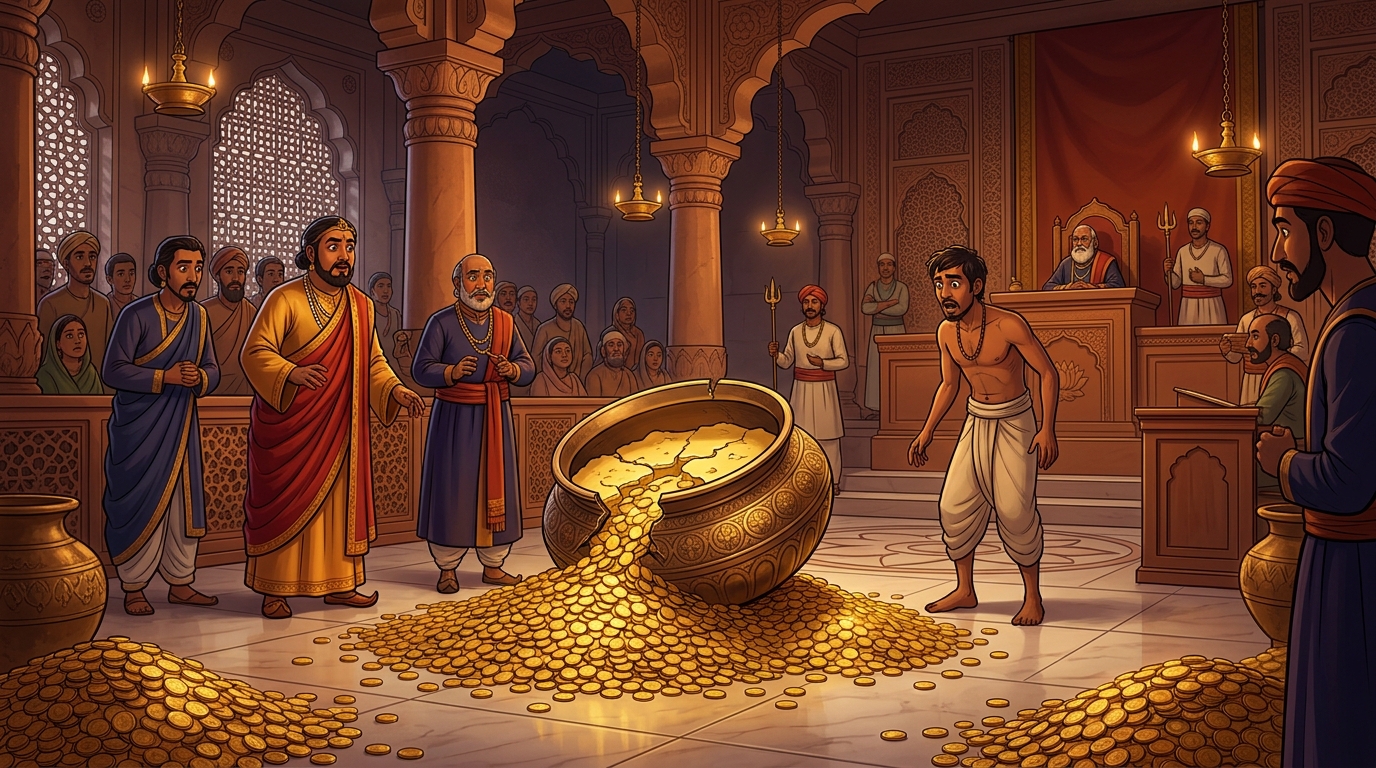 Thousands of pure gleaming gold dinars pour out onto the marble courtroom floor