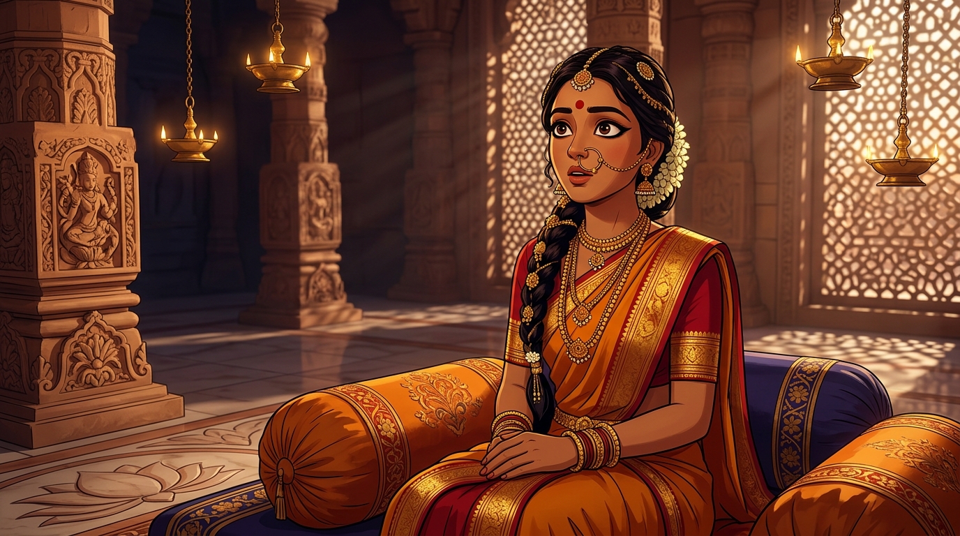 Prabhavati sitting on the bolsters, wide-eyed with realization at the hot iron test
