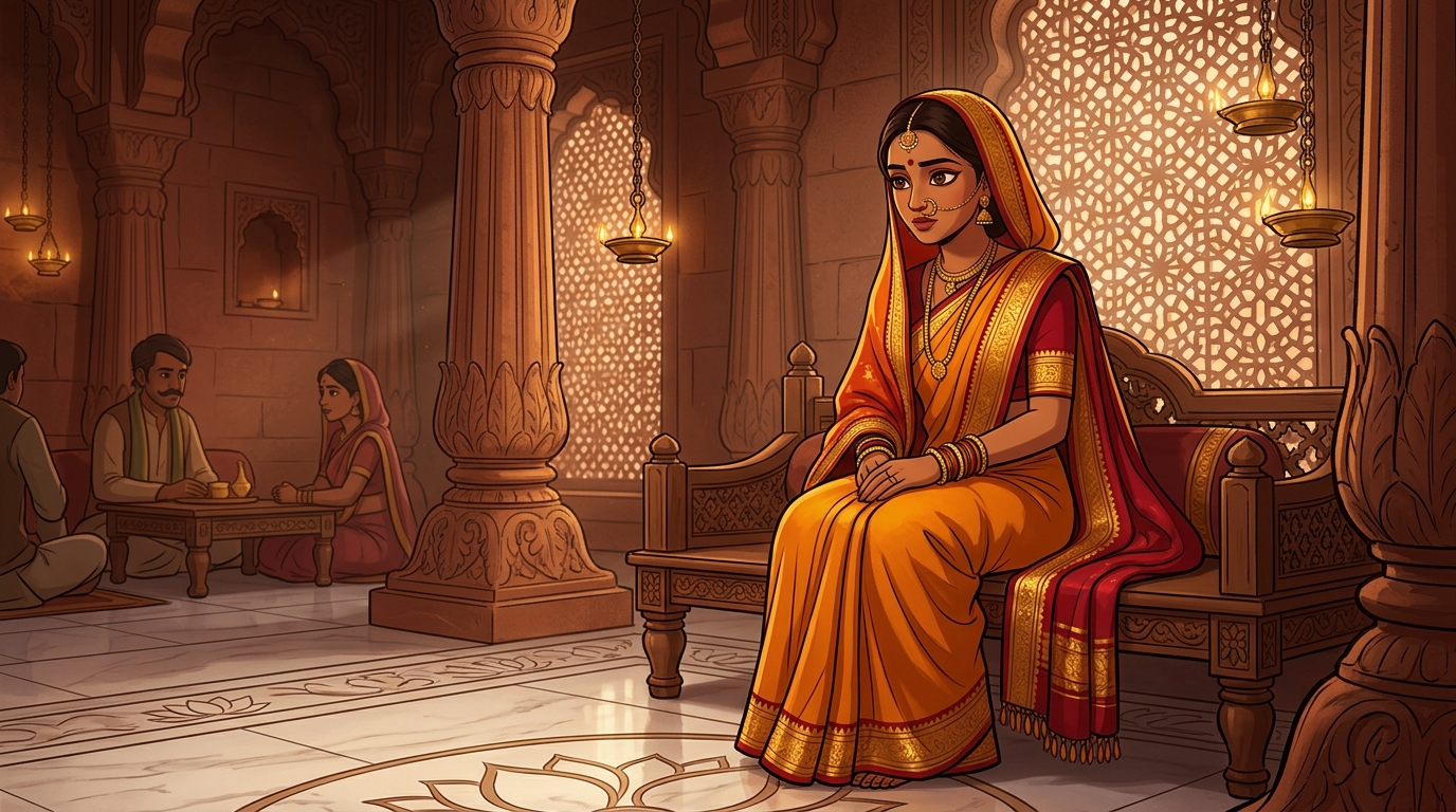 Prabhavati in deep contemplation, realizing true wealth is honour, trust, and dharma