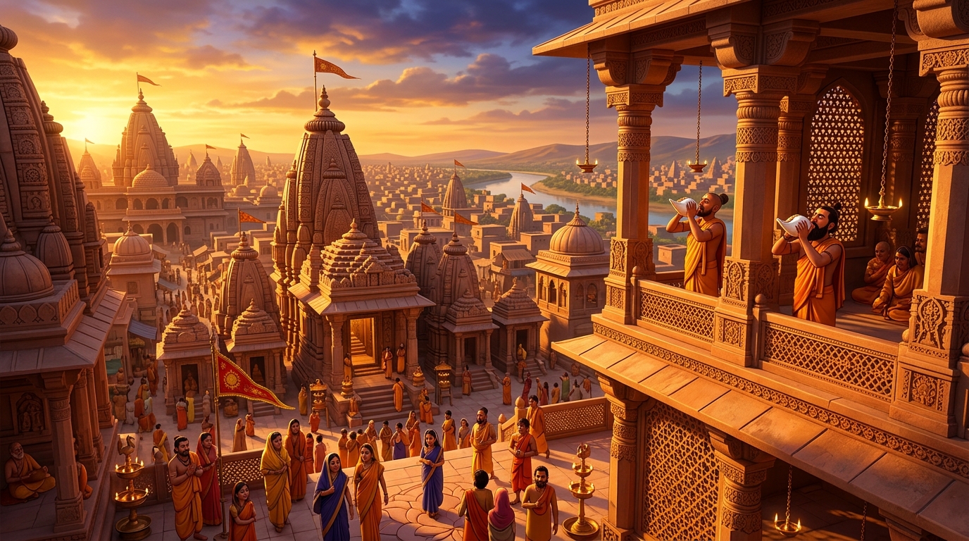 Golden dawn sunlight flooding across the Chandravati skyline as temple conches sound