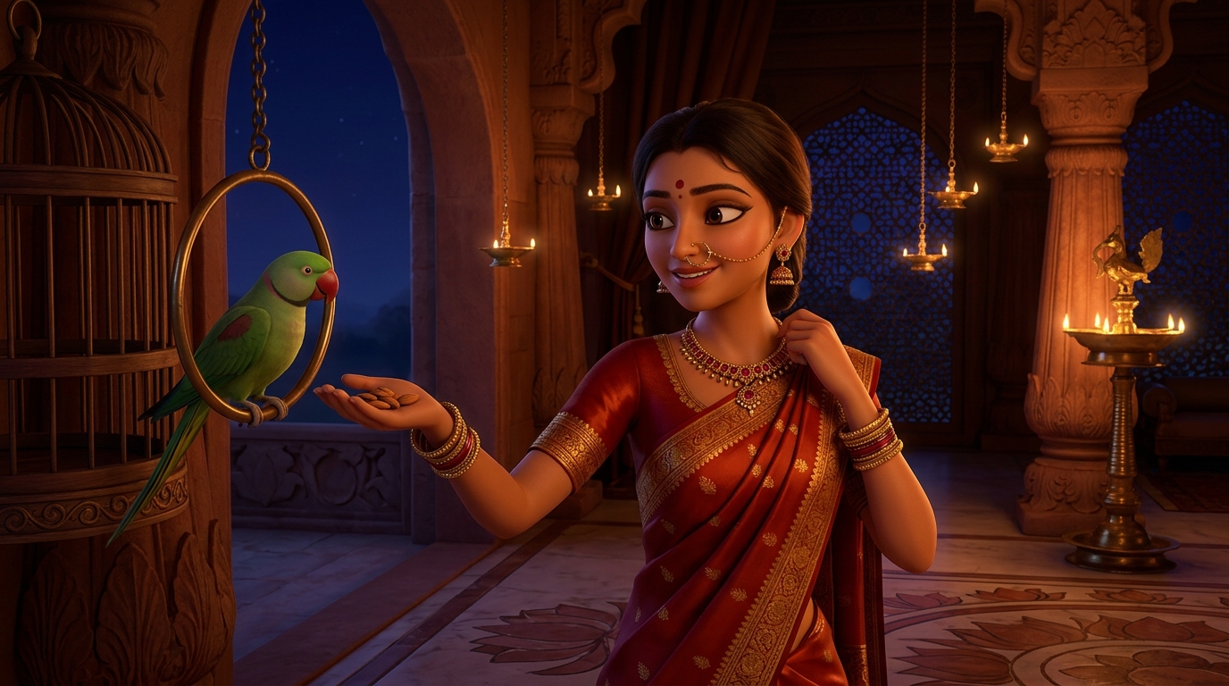 Prabhavati unclasps the ruby necklace, gives Shuka sweet almonds, retreats peacefully
