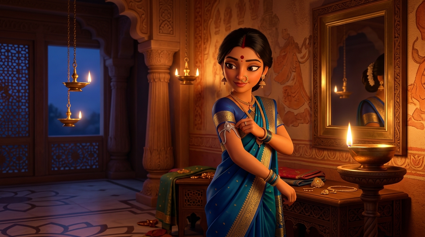 Prabhavati in sapphire-blue and gold silk fastening the armlet by candlelight