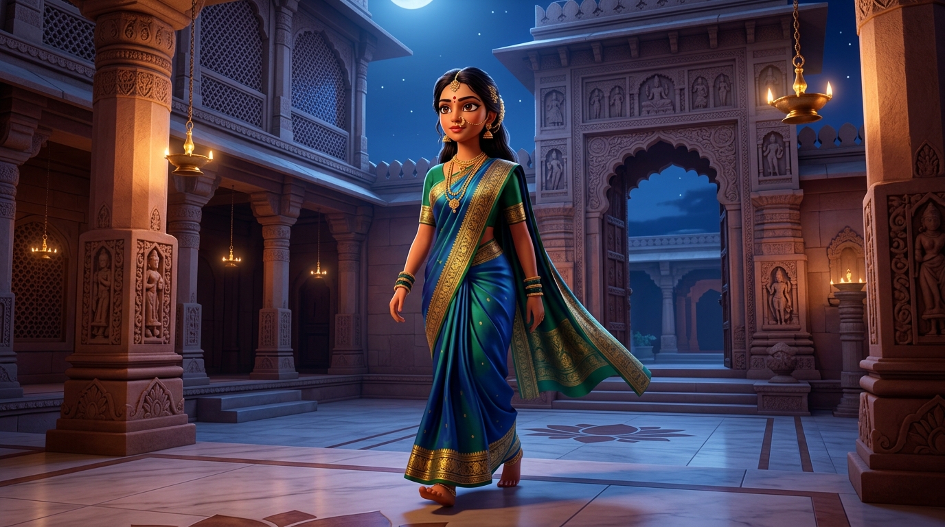 Prabhavati walking toward the courtyard gate with swift, confident steps under the moonlit sky