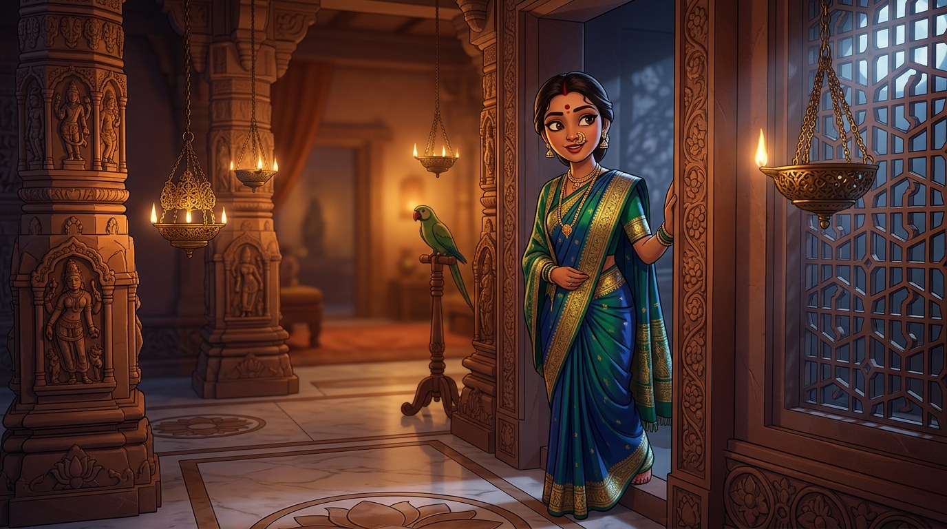Prabhavati pausing on the doorstep with an amused smile