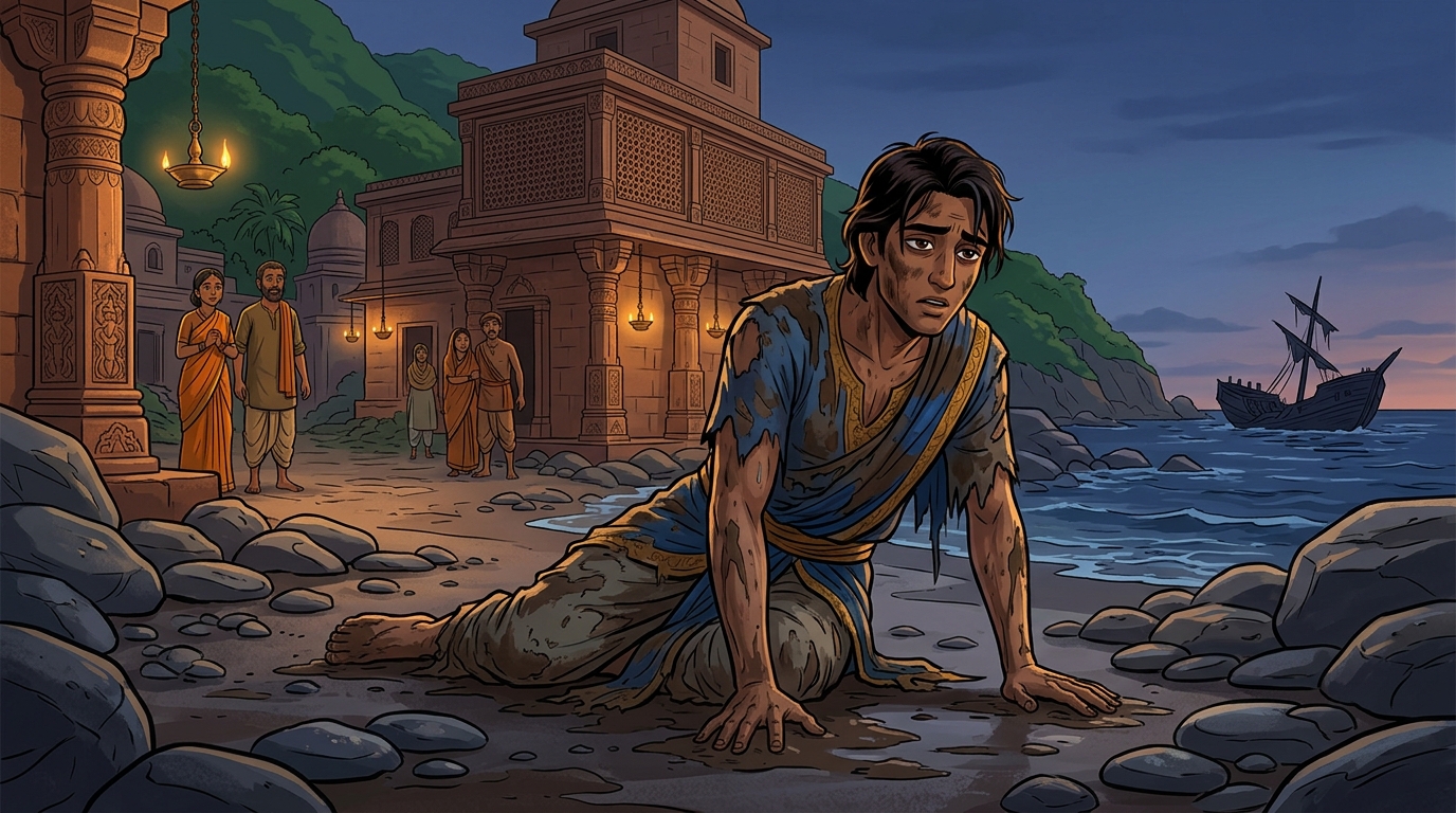 On the seashore of a weavers' village, shipwrecked Crown Prince Jayaditya in torn rags
