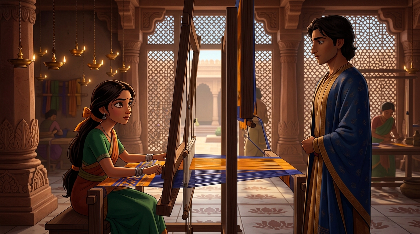 Sharp-eyed 18yo weaver's daughter Malati sits at her loom, observing his noble posture