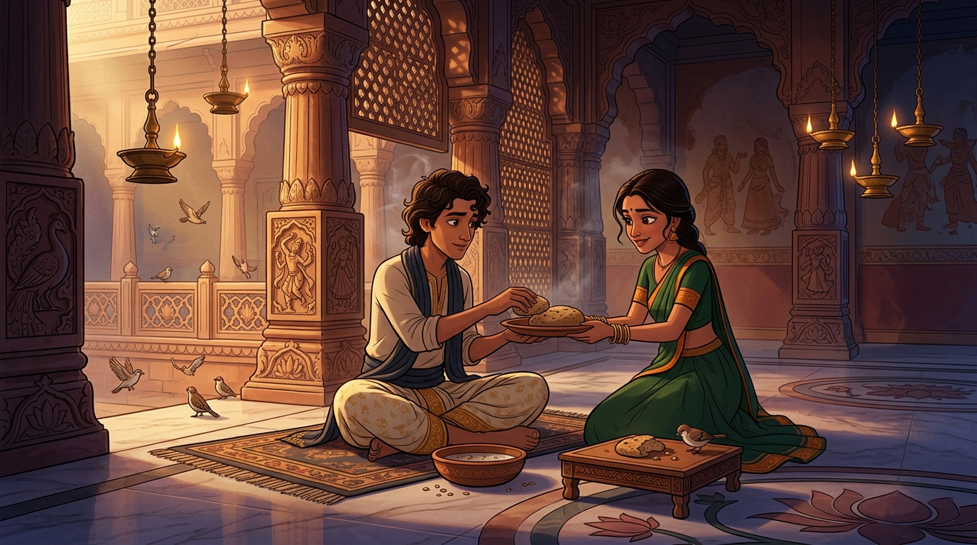 Test 1: Malati offers coarse barley bread; the youth washes hands and eats with refined grace