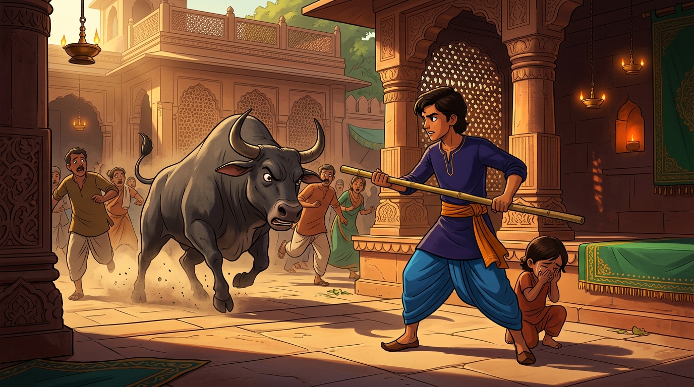 Test 3: A rogue bull charges into the square; the youth snatches a staff to shield a child