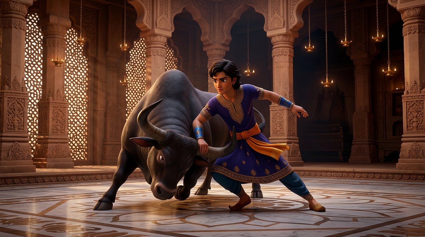 With flawless warrior skill, the youth deftly subdues the charging bull with royal poise