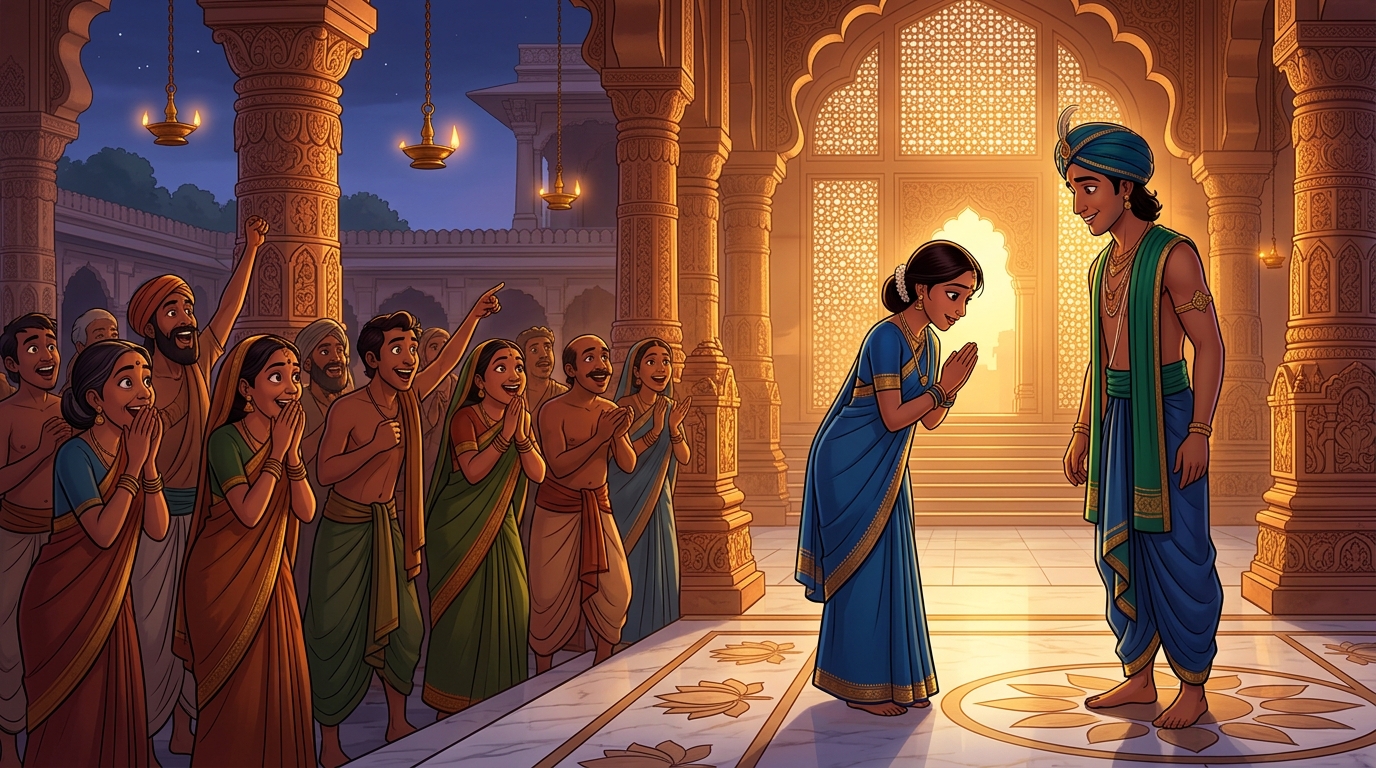 The villagers cheer; Malati approaches and bows, addressing him as Noble Prince