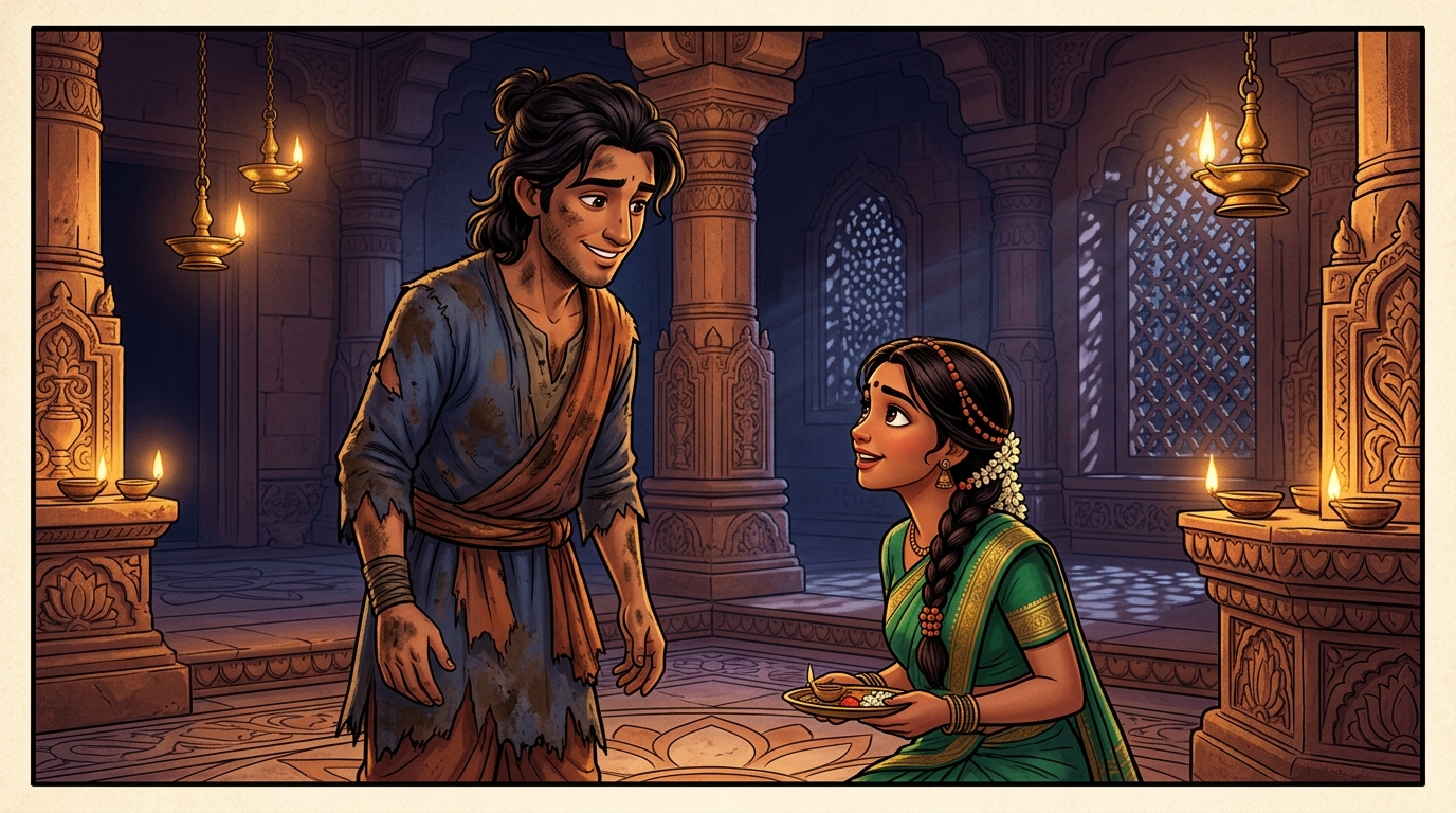 The youth smiles gently, asking how a humble weaver's daughter could see past the rags