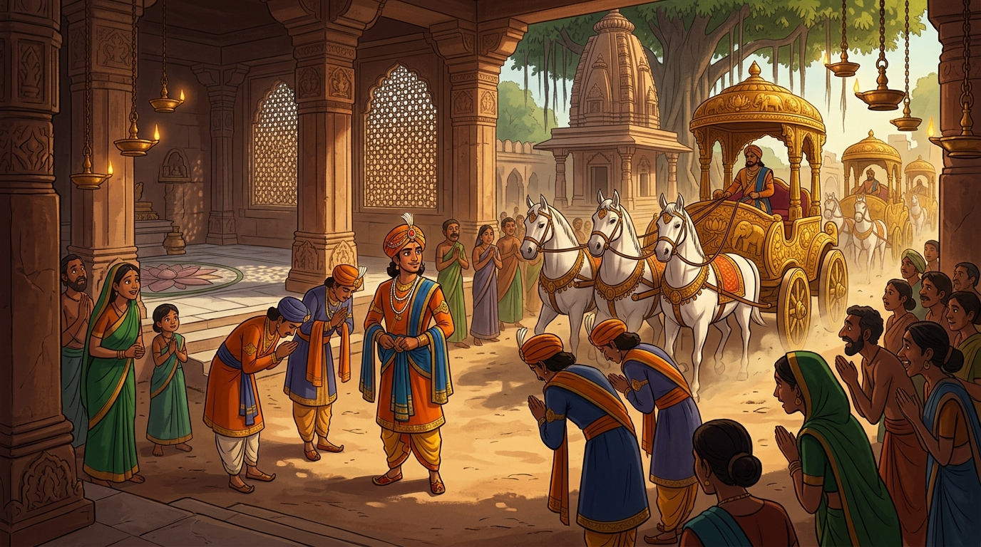 Royal search cavalry and golden chariots of Kalinga ride into the village, heralds bowing