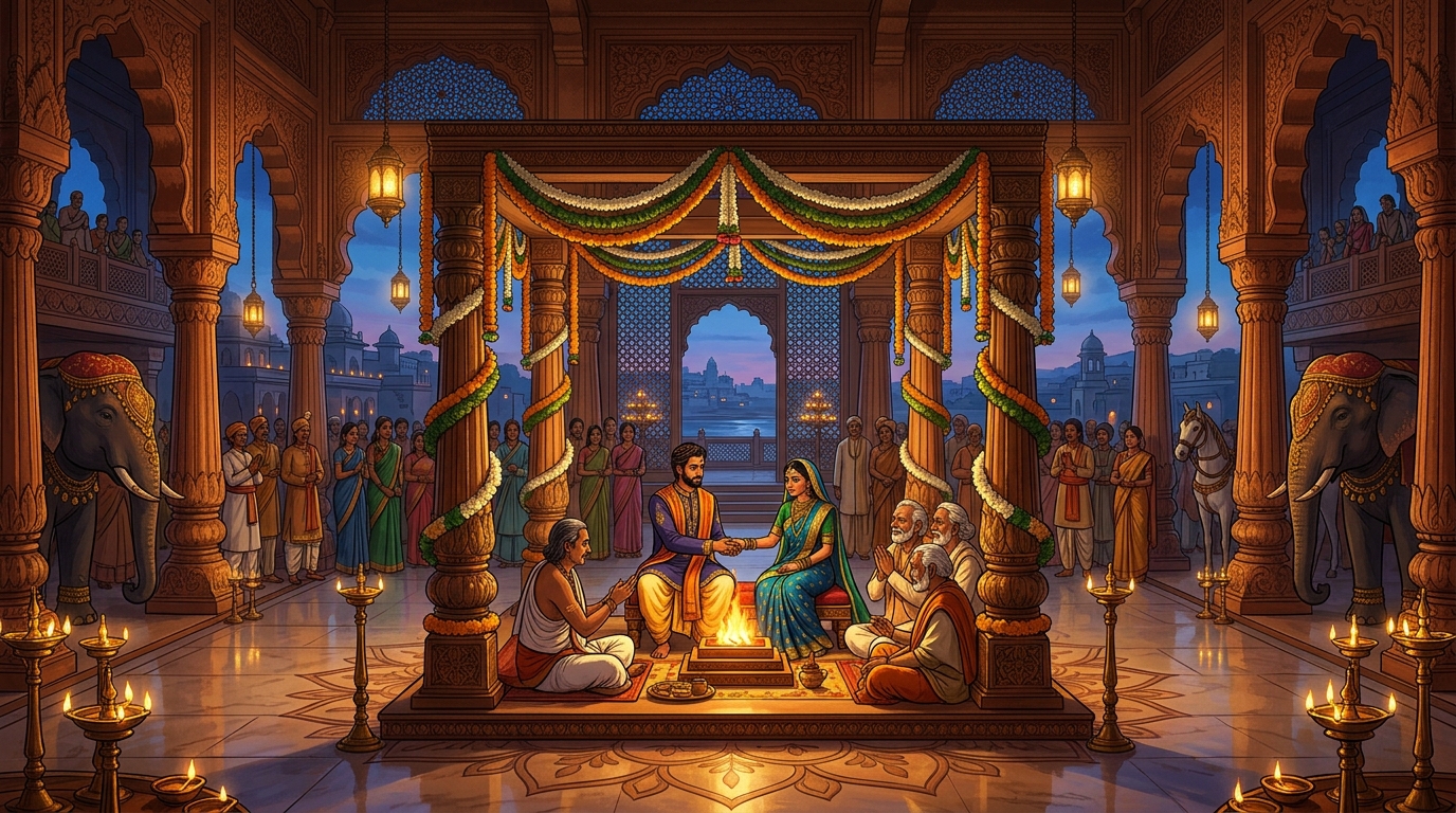 Grand royal wedding in the palace of Kalinga, celebrating wisdom over outer appearances