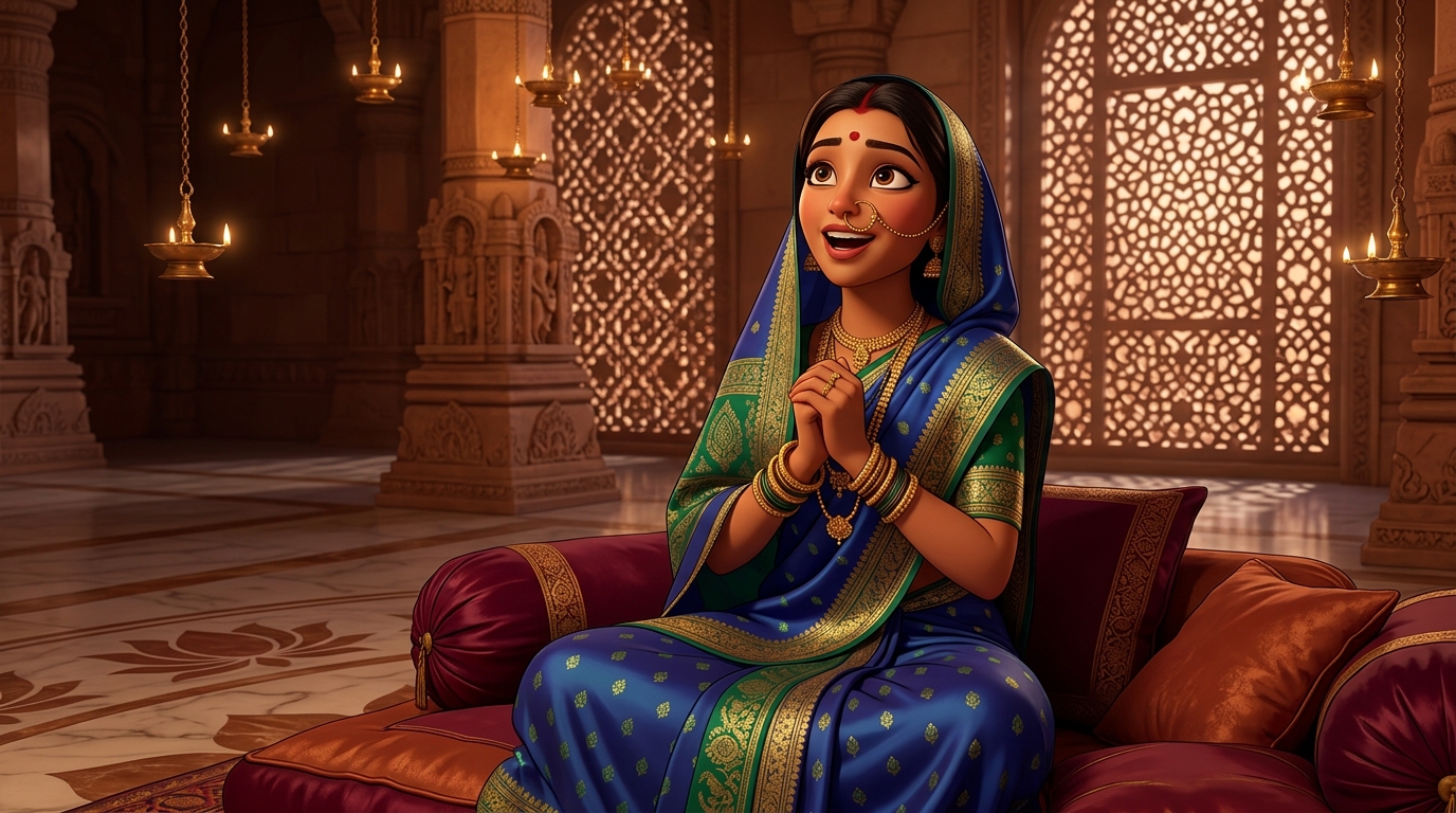 Prabhavati sitting on the silk cushions, clapping in wonder at the three tests of nobility