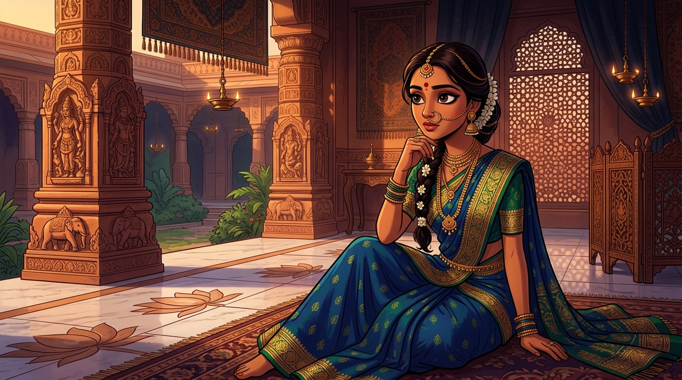 Prabhavati in deep contemplation, realizing true character is revealed by selfless deeds