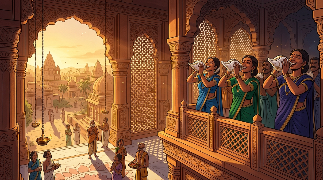 Golden dawn sunlight flooding across the sandstone arches as temple conches sound