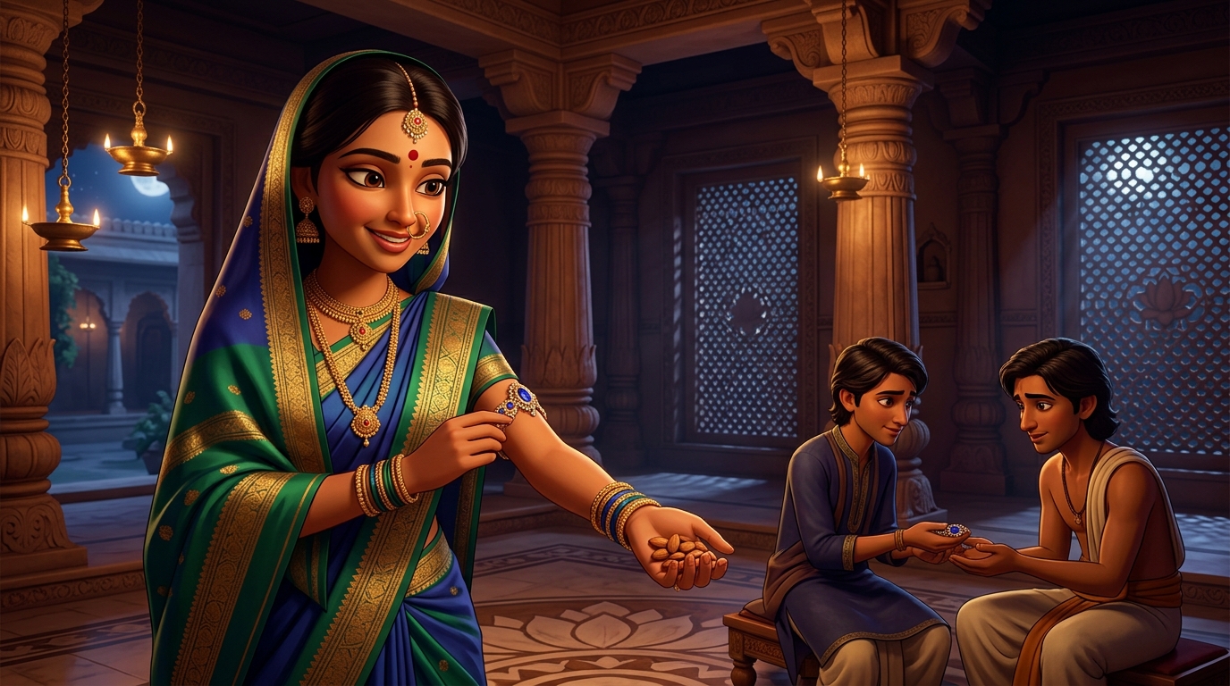 Prabhavati unclasps the sapphire armlet, hands Shuka sweet almonds, retreats peacefully