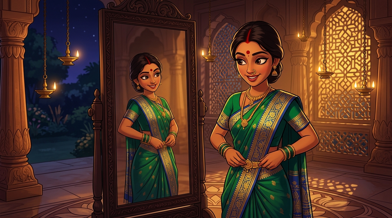 Prabhavati in emerald-green and gold silk fastening the waistband by candlelight